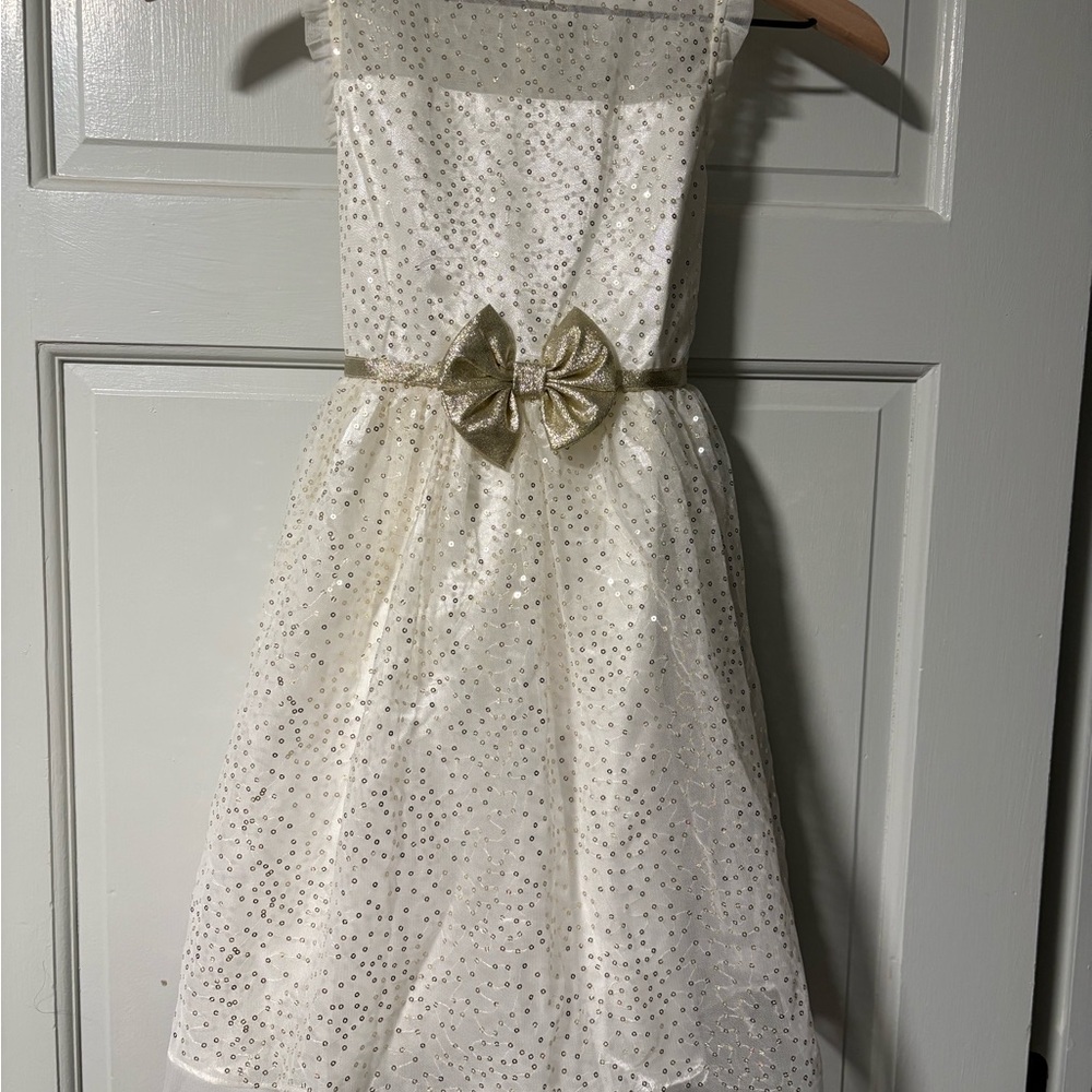 Jona Michelle Sparkling White Dress with Gold Bow